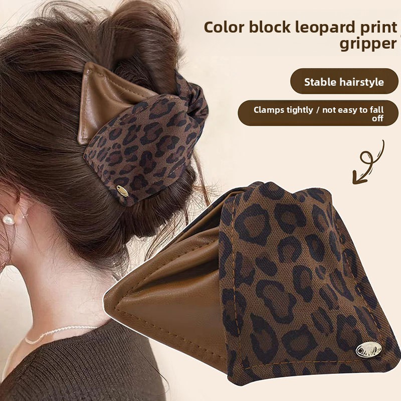 1pc Elegant Leopard Print Spliced Triangle Hair Claw, Retro Leopard Print Bow Double-sided Large Intestine Hair Tie,head Bun