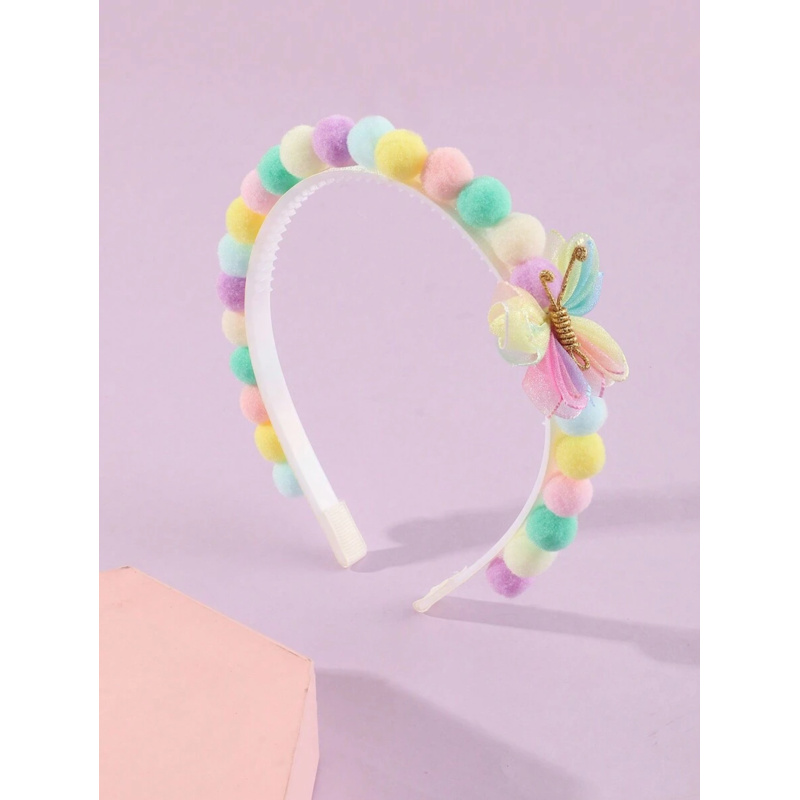1pc Cute Colorful Pom-Pom & Butterfly Headband for Girls, Sweet for Daily Wear &