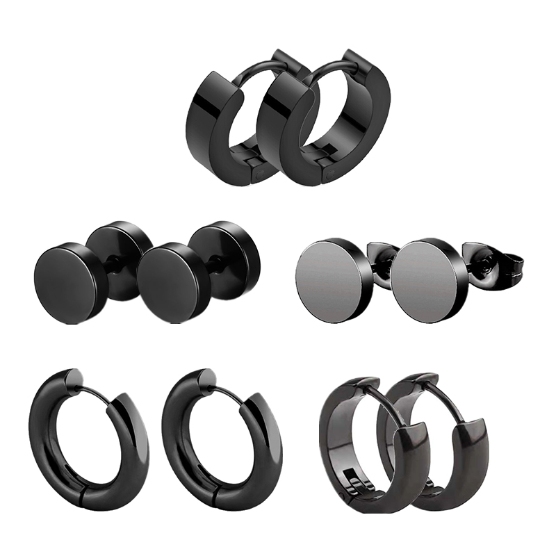 5 Pair Black Earrings Stainless Steel Ear Hoops for Men and Women