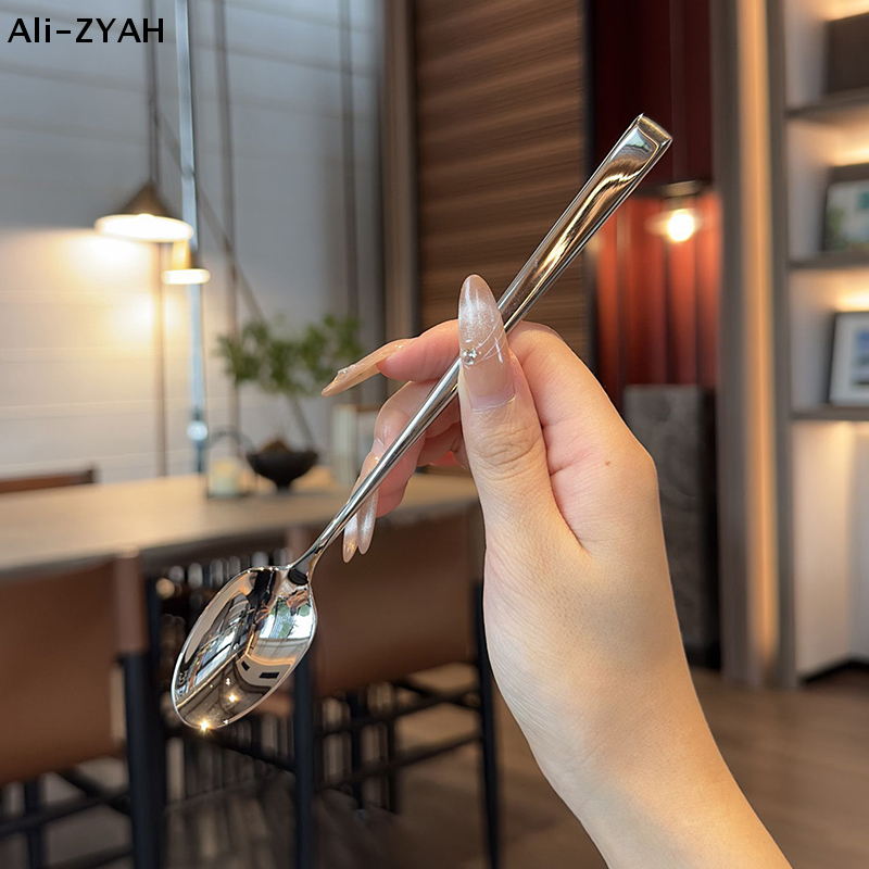 Stainless Steel Spoon Korean Long Handle Tableware Thicken Stirring Ice Spoon Meal Spoon Household Dinner Spoon