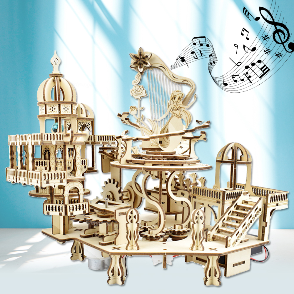 Newest 3D Wooden Puzzle Island Music Box with Light DIY Assembly Model Kit for Adults Kids, Valentine's Day