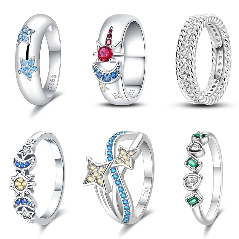 925 Silver Color Rings Flowers Moon Star Hollow Weave Irregular Rings For Woman Fine Romantic Wedding Engagement Jewelry Gifts