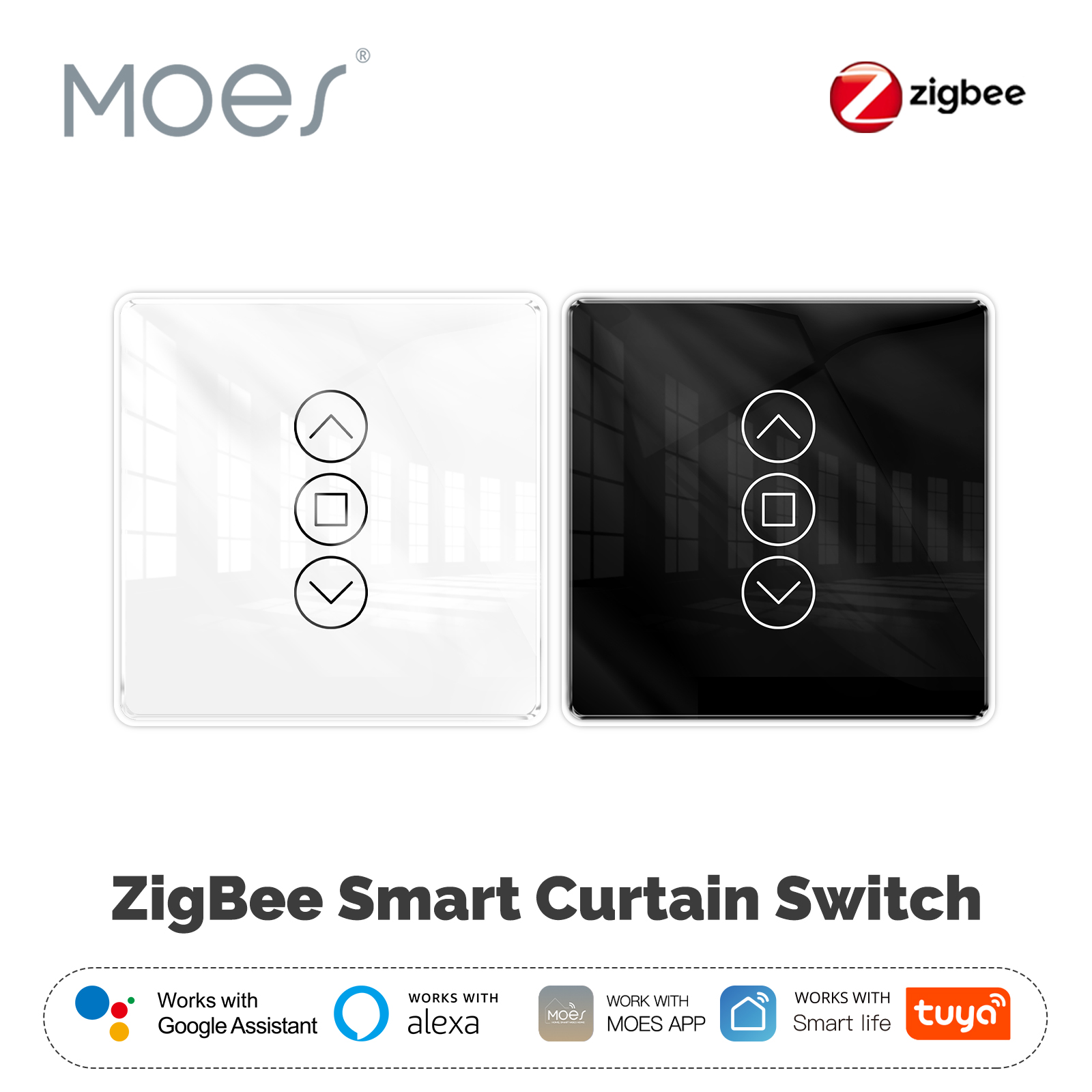 MOES ZigBee Curtain Switch 2.5D Smart Arc Glass Touch Panel App Remote Control Work With Alexa Home Tuya