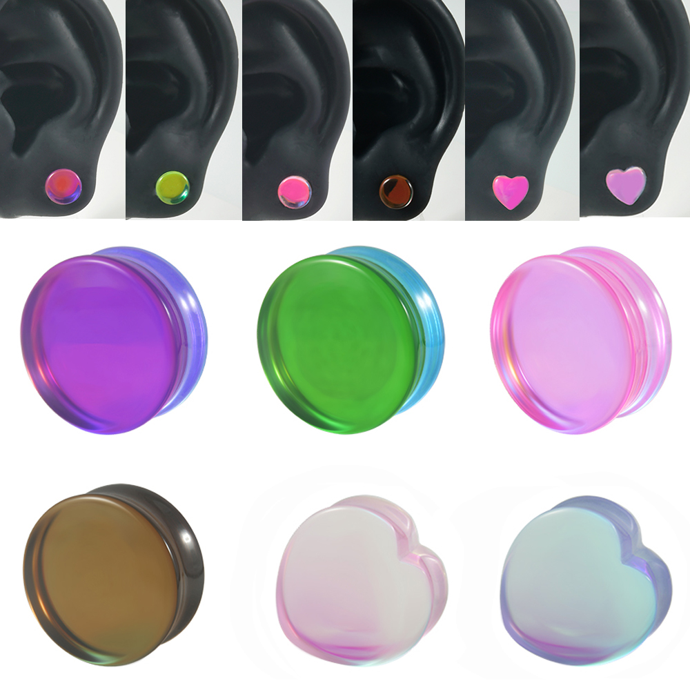 1 Pair Glass Double Flare Solid Ear Plug Heart Expander Purple Pink Green Brown Colorful Ear Gauge Piercing Jewelry 6mm-25mm