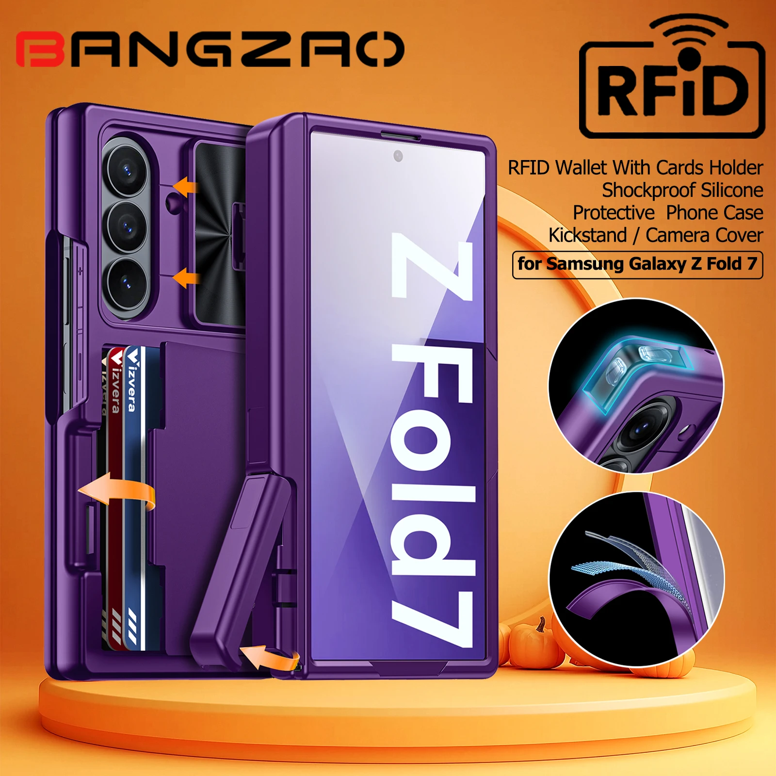 Halloween for Z Fold 7 RFID Wallet With Cards Holder[Kickstand][Camera Cover] Shockproof Silicone Phone Case-Gold