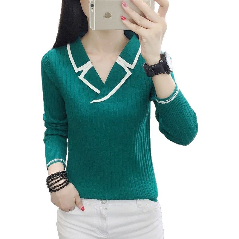 Autumn and winter style women's color-blocked long-sleeved knitted pullover, women's casual V-neck slim-fitting versatile knitte