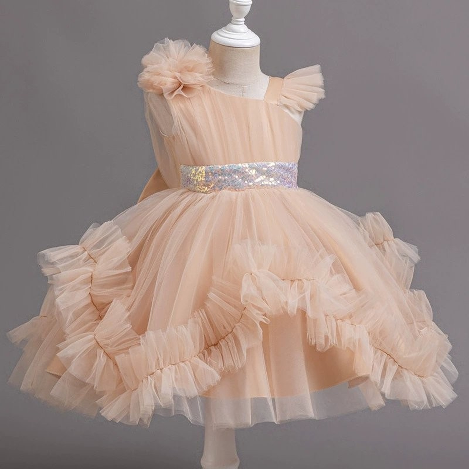 Girl Retro Ruffle Lace Tulle Flower Girl One Shoulder Dress 0-6 Year Old Baby Girl Bow Princess Dress Party Wedding Dress