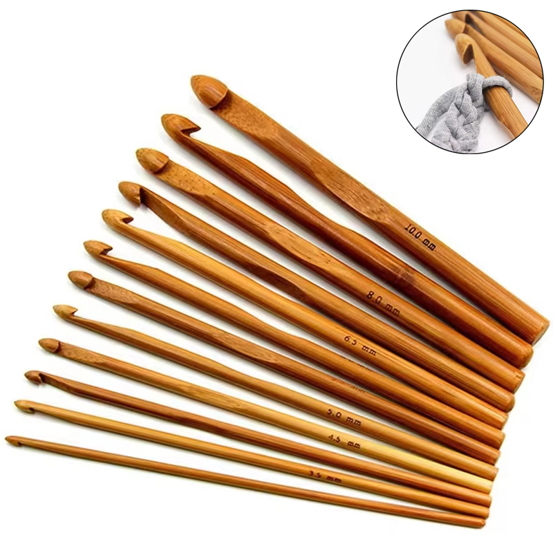12Pcs Bamboo Handle Crochet Hook Set 3-10mm Wooden Knitting Needles for Handmade DIY Making Sweater Yarn Projects