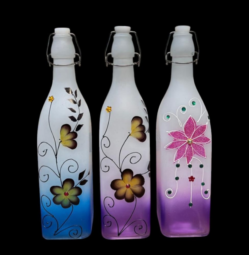 Saisha Hand Painted Frosted Design Food Grade Milk, Water And Juice Glass Bottle With Air Tight Rust Proof Swing Cap - 1000 Ml - (Set of 1- Any Random Design)