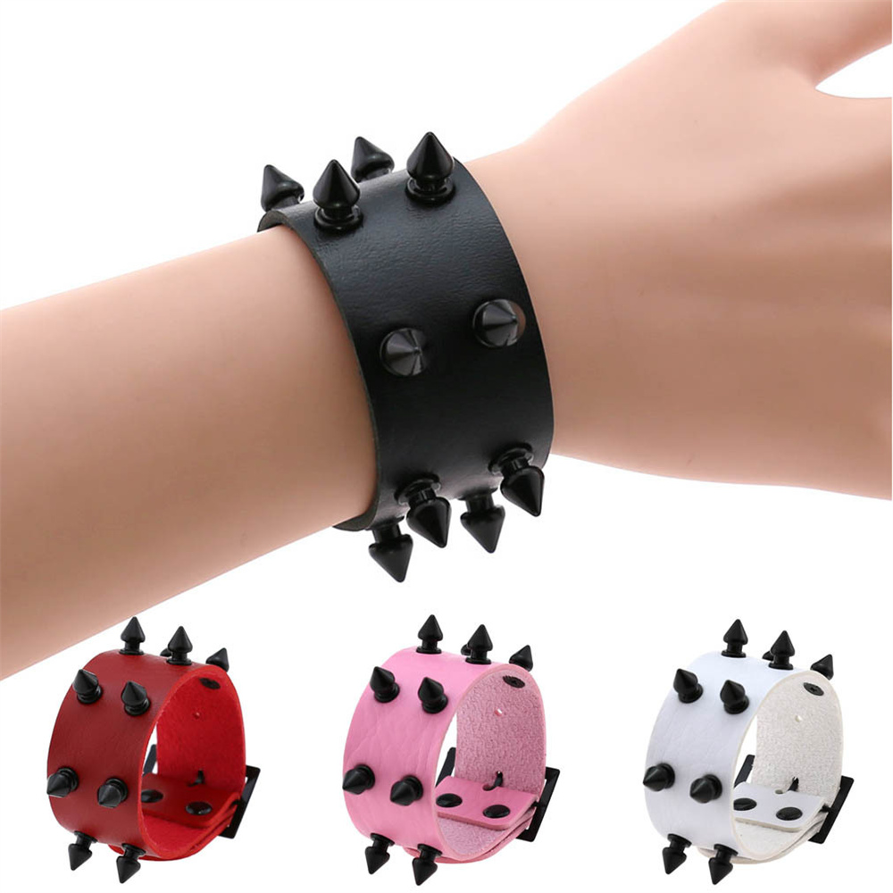 2024 New Gothic Punk Exaggerated Black Spike Rivet Row Pu Leather Wide Bracelet Bangle Wrist Bracelets
