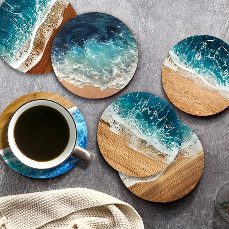 4/6 Pcs Blue Ocean Round Wooden Coasters & Placemats Set Home Cafe Party Table Decor Durable Drink Coasters For Stylish Dining