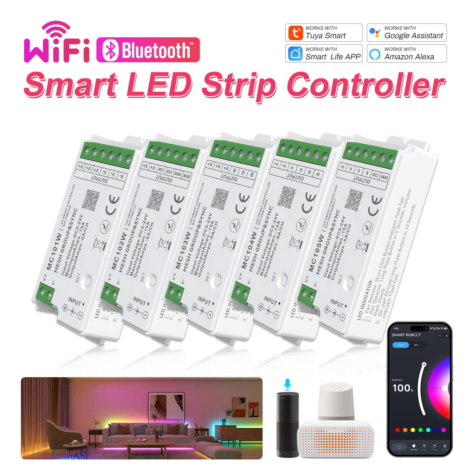 Tuya WiFi Smart LED Strip Controller SPI Dimmer RGBCCT RGBW LED Light Controller 5-24V With Remote For LED Tape Lights lightify