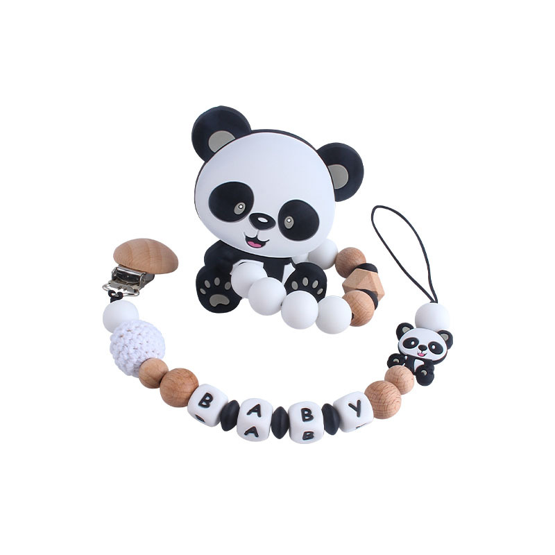 1Pcs Baby Pacifier Chain Clips Wood Pentagram Teether Silicone Panda Beads Teething Chain For Care Soother Chew Toys Shower Gift pen gpt