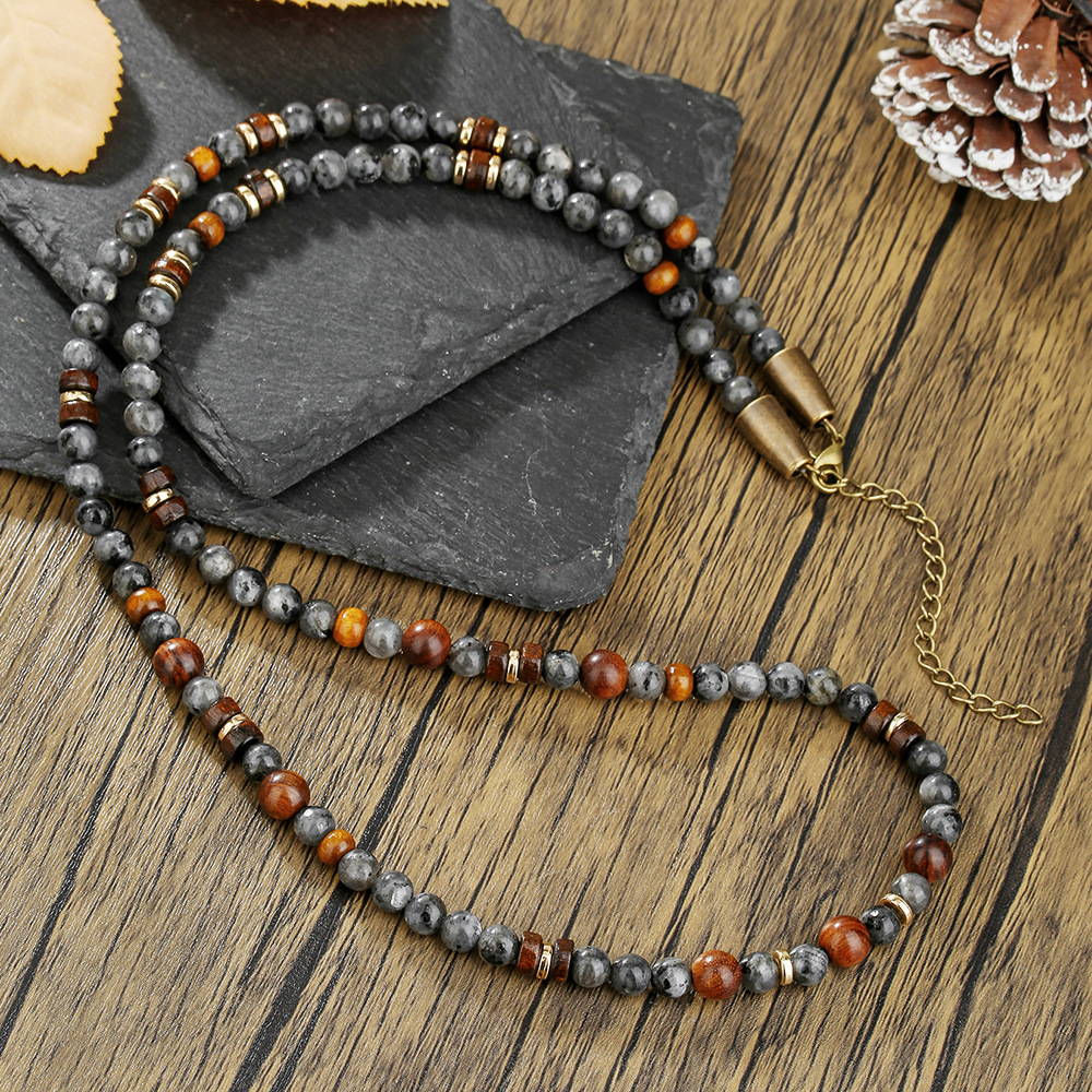 1PC INGX Man's Bohemia Natural Flash Stone Long Beaded Necklace for Men Tribal Boho Long Wooden Beads Necklace Men Jewelry