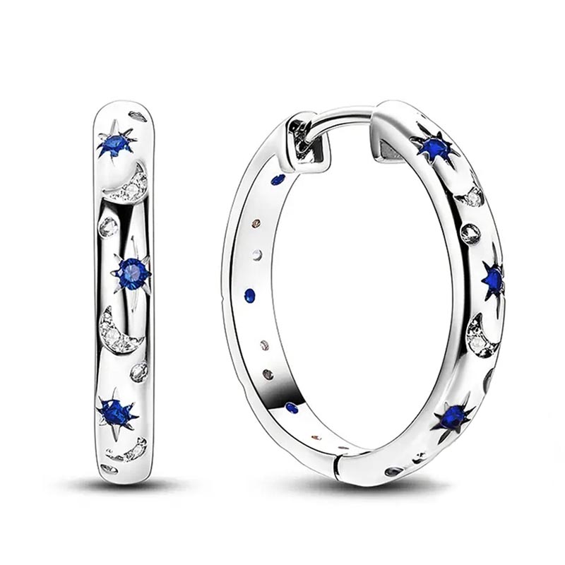 Huitan Chic Silver Color Circle Earrings for Women Delicate Star and Moon Jewelry Shiny Zirconia Accessories