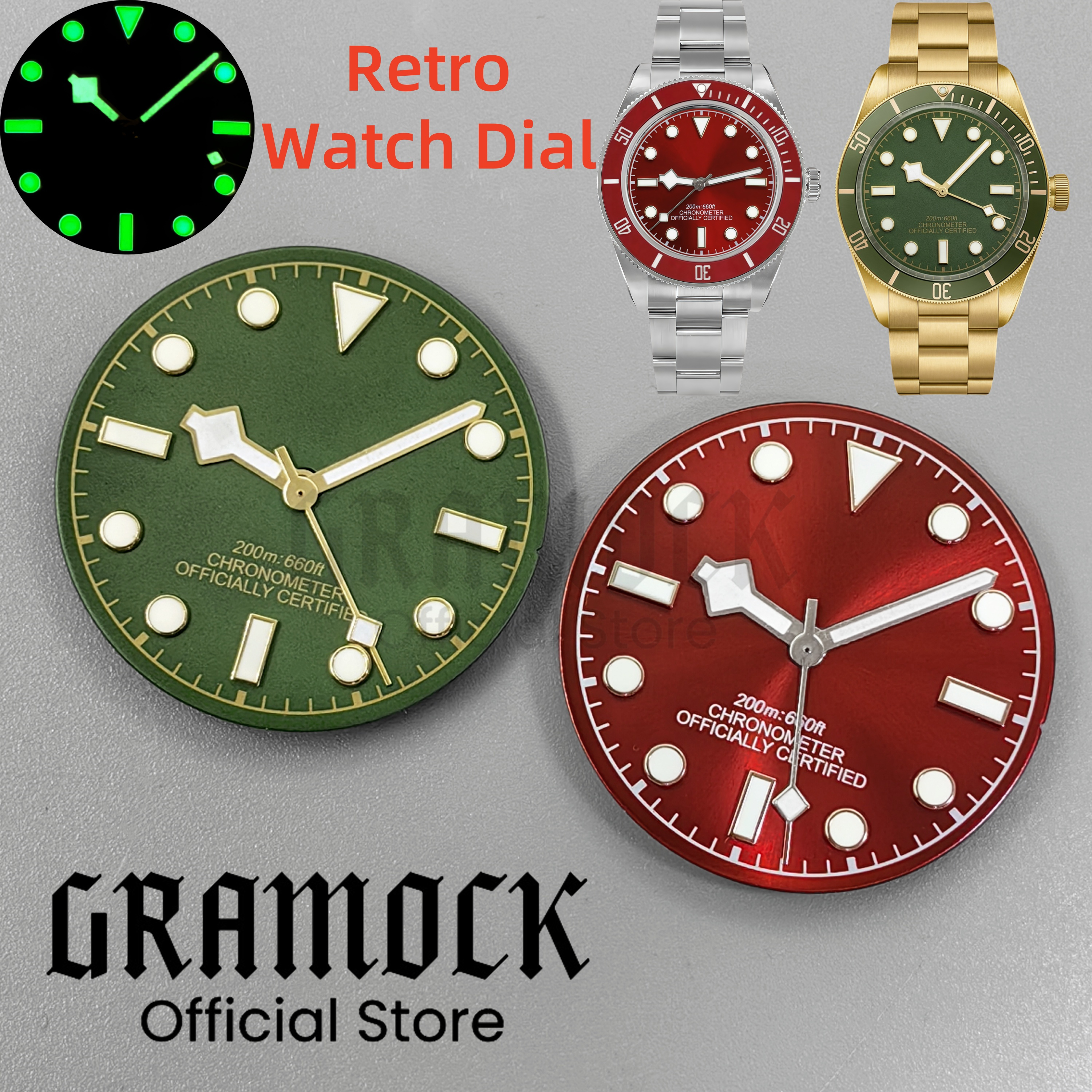 GRAMOCK 29mm Red Vintage Green Sterile Watch Dial Hands Sets Luminous For NH34 NH35 Movement Men's Watch Accessories Parts