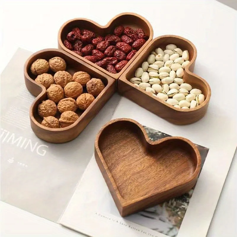 Creative Heart Shape Dessert Storage Box Solid Wood Candy Tray Natural Walnut Serving Platter Stackable Nut Bowl for Snacks