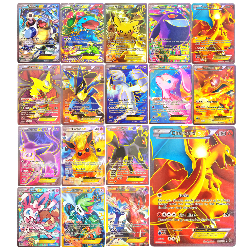 16Pcs Pokemon TCG English Collection Cards Pikachu EX Charizard Gengar Mew Umbreon EX Self Made Classic Game Anime Cards