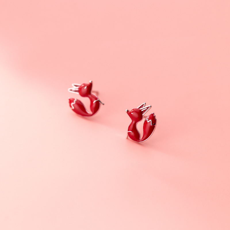 New Arrival Creative Sweet Red F Silver Plated Simple Animal Personality Temperament Women Stud Earrings E298
