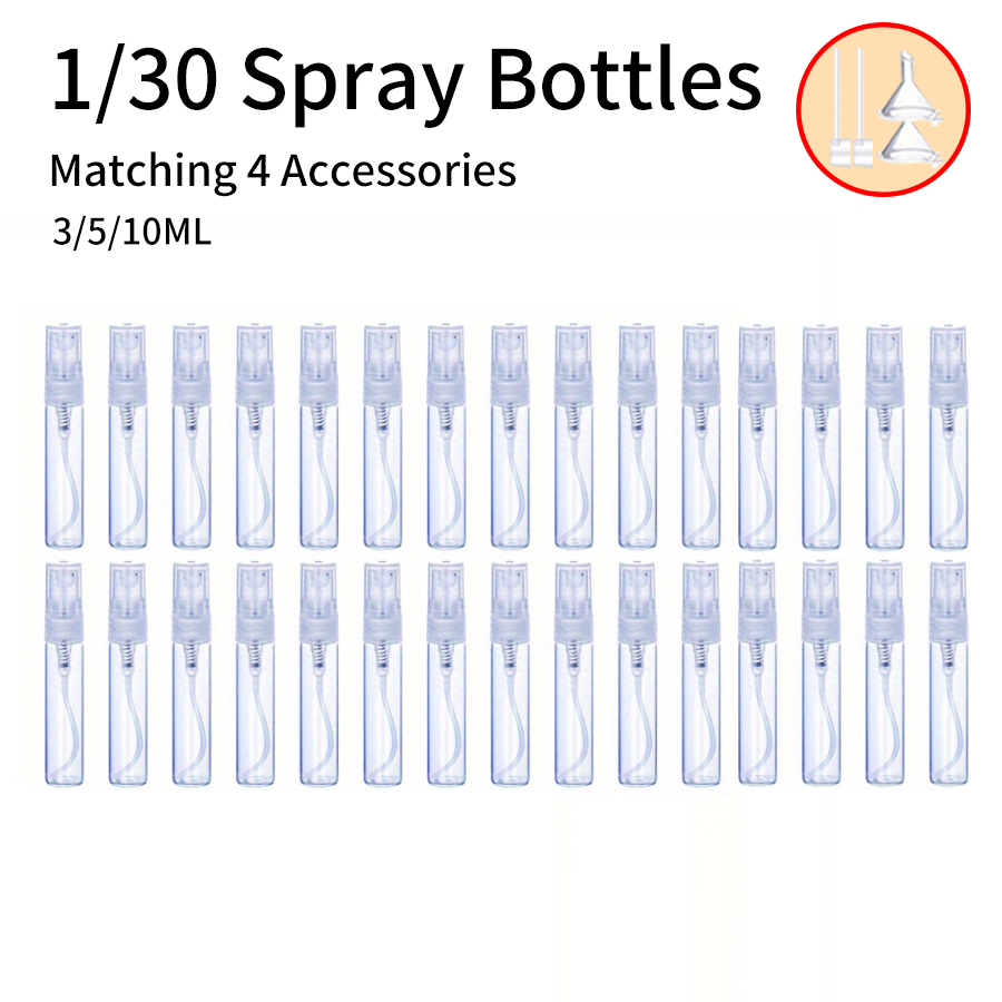 1/30pcs+4 accessories 3ml, 5ml, 10ml refillable glass perfume atomizer with 30 spray bottles, 2 funnels, 2 dispenser divider