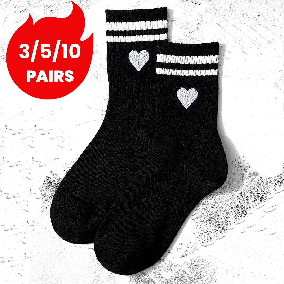 3/5/10/20 Pairs Women's Crew Socks, Red Heart, Black, Comfortable, Breathable, Moisture-Wicking
