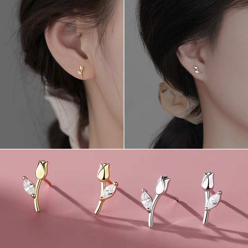 Minimalist Trendy New Tulip Stud Earrings Shiny Zircon For Women Girls Fresh Flowers Sweet Romantic Daily Wear Jewelry Gifts