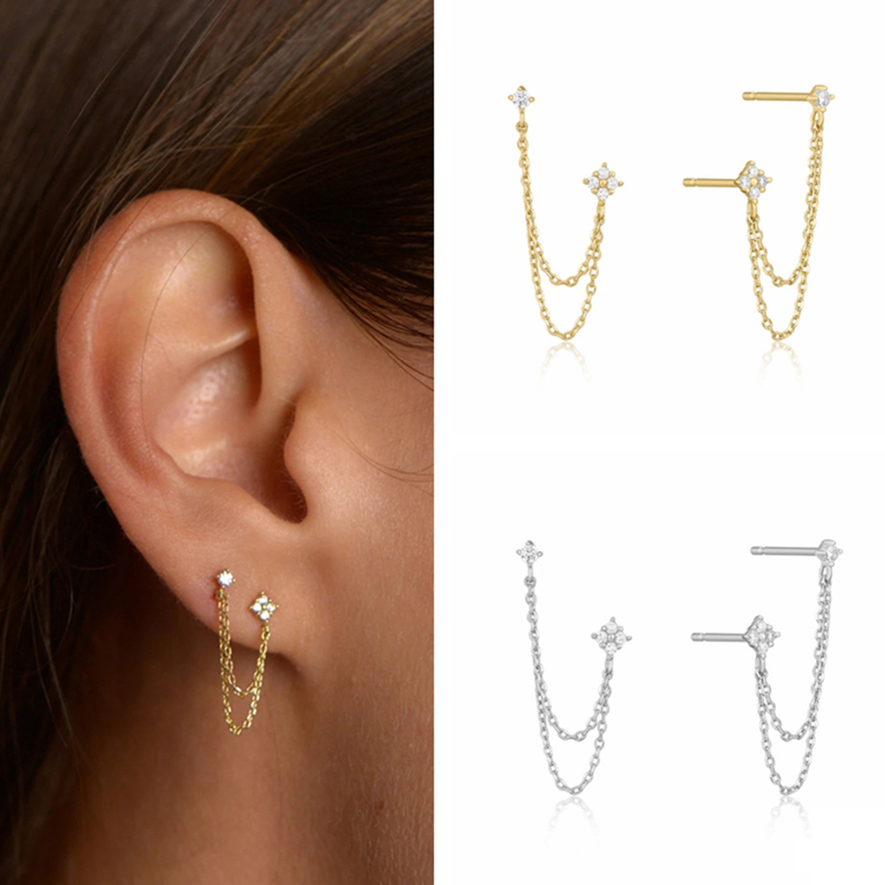 Huitan Double Ear Studs Tassel Chains Hanging Earrings for Women Ear Piercing 3 Metal Color Luxury CZ Hot Jewelry