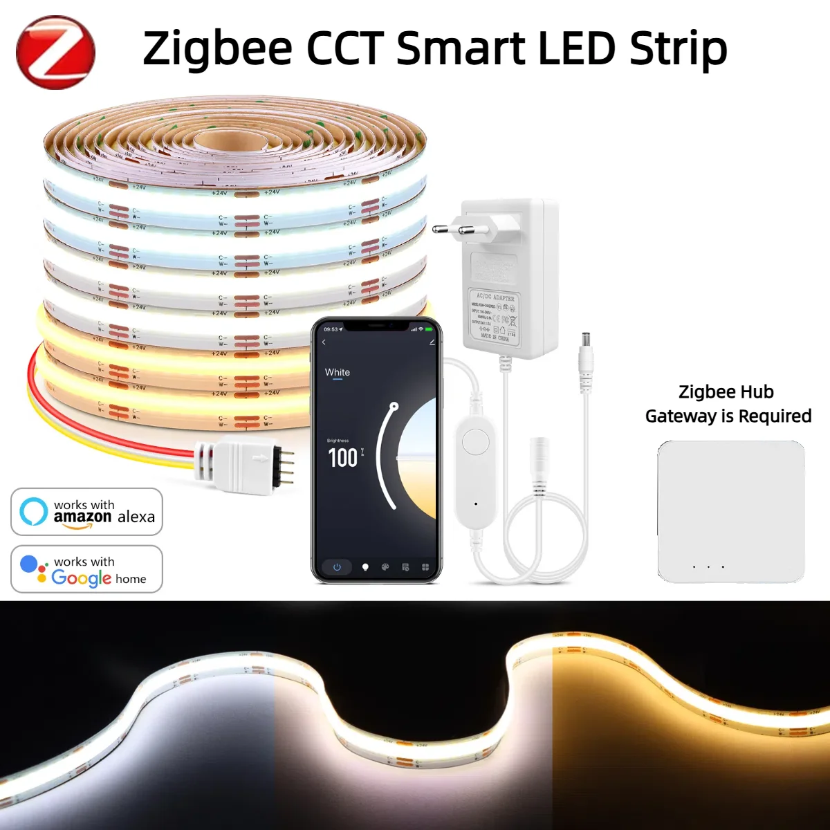 DC24V Smart Zigbee CCT COB Strip Light 608LEDs/M 2700K-6500K Dimmable Work With Zigbee Gateway Alexa Google Home APP Voice lightify