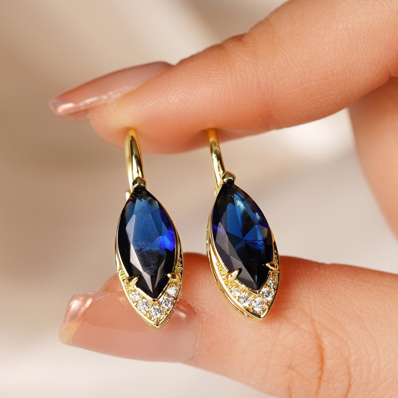 Huitan Marquise Blue Cubic Zirconia Dangle Earrings Luxury Gold Color Bridal Wedding Earrings Simple Elegant Jewelry for Women