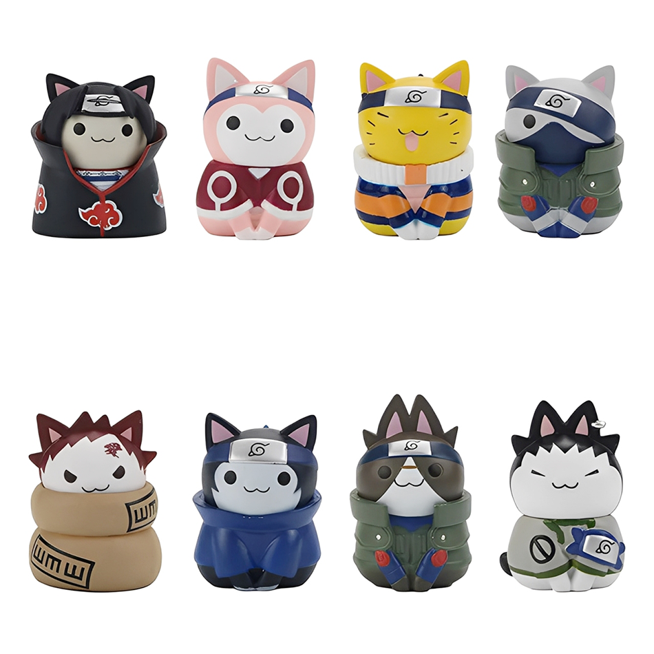 8pcs Naruto Uzumaki Naruto Sasuke Kakashi Haruno Sakura Mini Cat Doll Handmade PVC Model Ornament Anime Peripheral Birthday