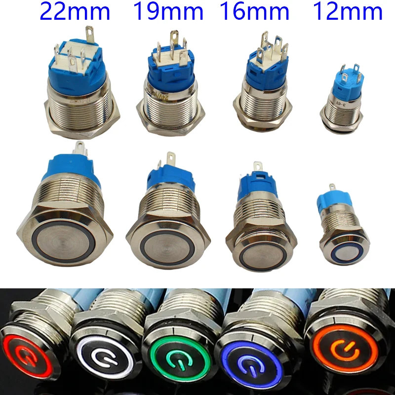1pcs 12/16/19/22mm Waterproof Metal Push Button Switch LED Light Momentary Latching Car Engine Power Switch 5V 12V 24V 220V