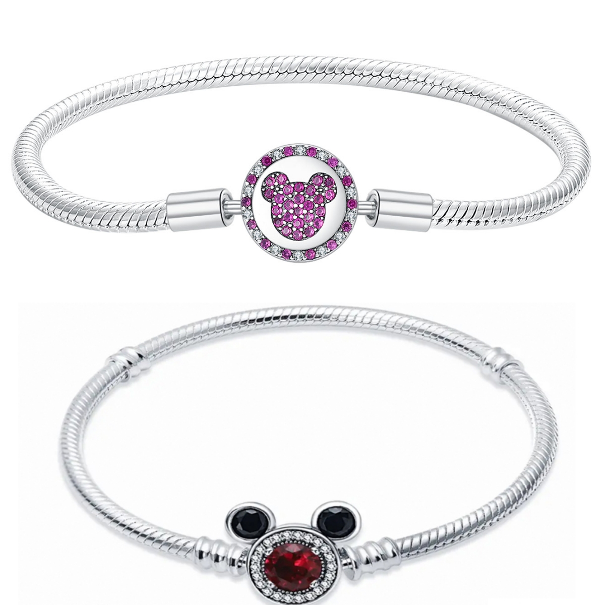 925 Silver Cute Cartoon Ears Charm Bracelet Snake Chain Bangle with Crystal for Women Girls Jewelry