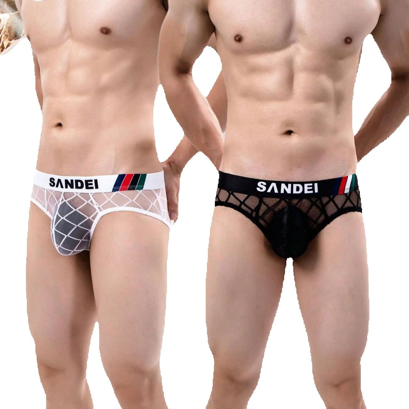 2PCS Solid color mesh simple plaid Men's low waist seamless semi transparent brief