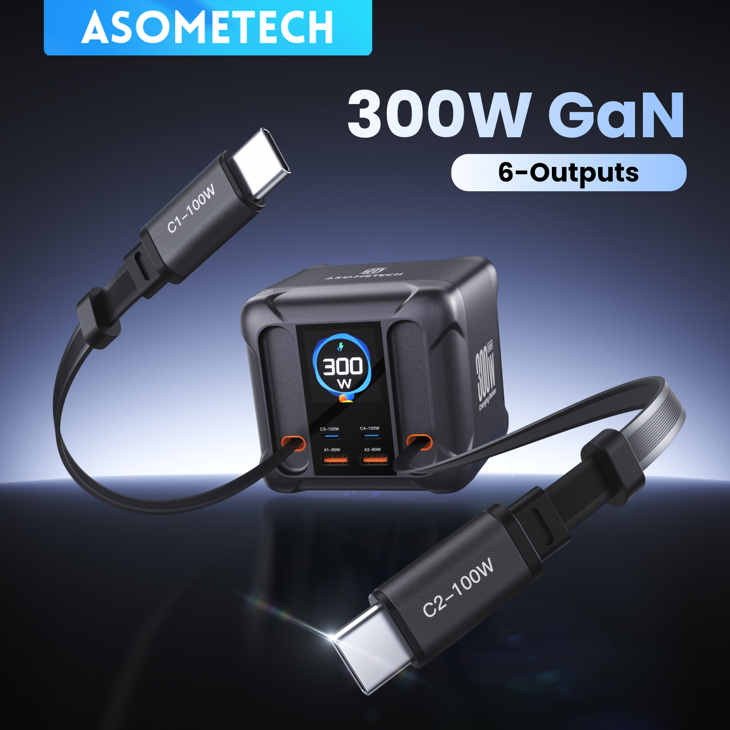 ASOMETECH 300W GaN USB Charger Station LED Display Retractable Type C Cable 100W 65W PD3.0 PPS Fast Charger For Macbook