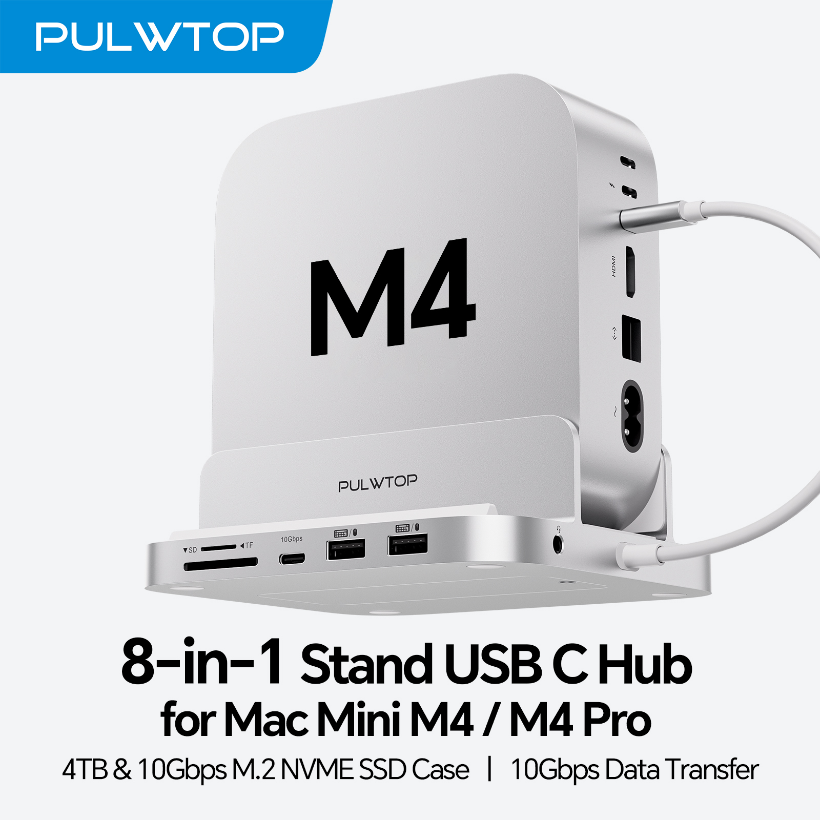 PULWTOP 9 in 1 Aluminum Vertical USB-C Hub for Mac Mini M4 Pro Hub Stand, 2xUSB-A 2.0, 3.5mm Audio, SD/TF (SSD NOT Included)