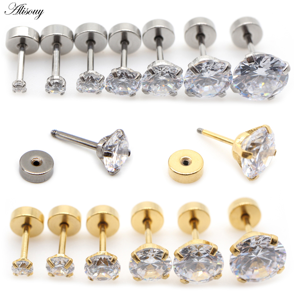 Alisouy 2pcs Stainless steel Unisex Women Men Round Crystal Zircon Ear Studs Earrings 4 Prong Tragus Cartilage Piercing Jewelry