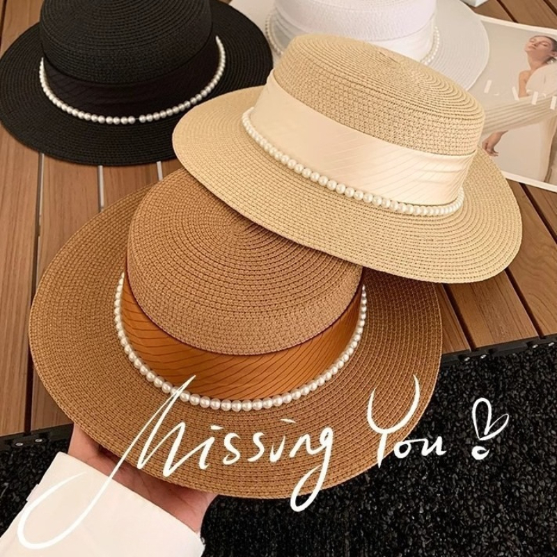 Elegant Refined Socialite Chic Little-Brimmed Pearl Flat-Top Straw Hat Travel Accessory Simple Exquisite Headwear