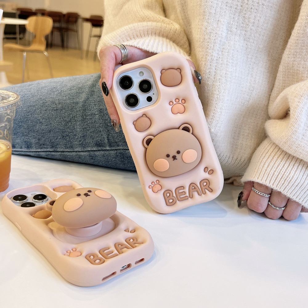 Cute 3D Bear with Kickstand Case for IPhone 13-17 Pro Max Plus, Adorable Paws Design & Hands-Free Viewing