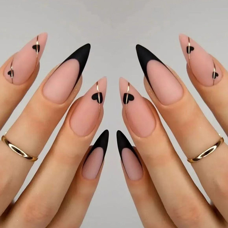 24pcs Y2k Long Stiletto False Nails Black Love Heart Frosted French Style Press On Nails Ins Simple Fake Nail For Spicy Girls