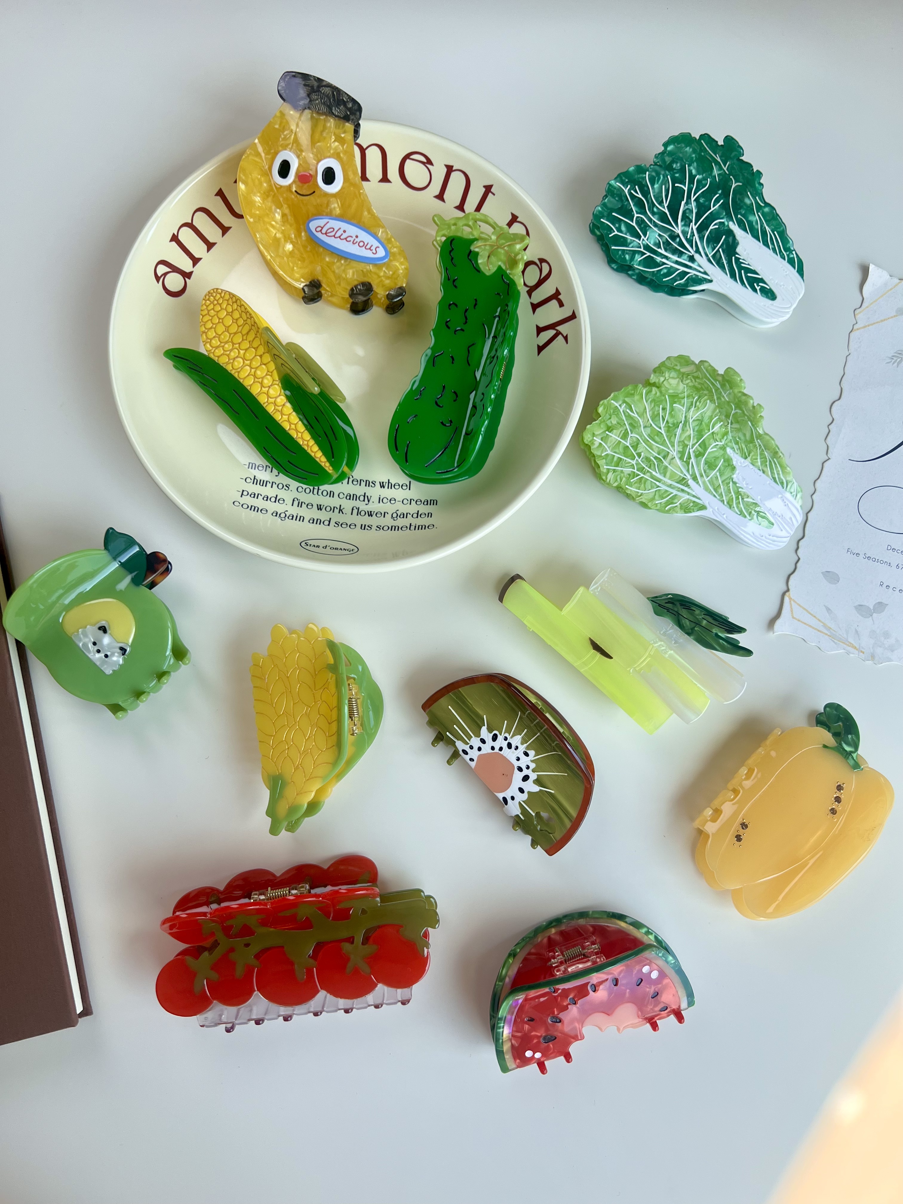 Veggie & Fruit Claw Hair Clips. Unique, laid-back summer family style. Hand-crafted from premium acetate-light, durable, and fas