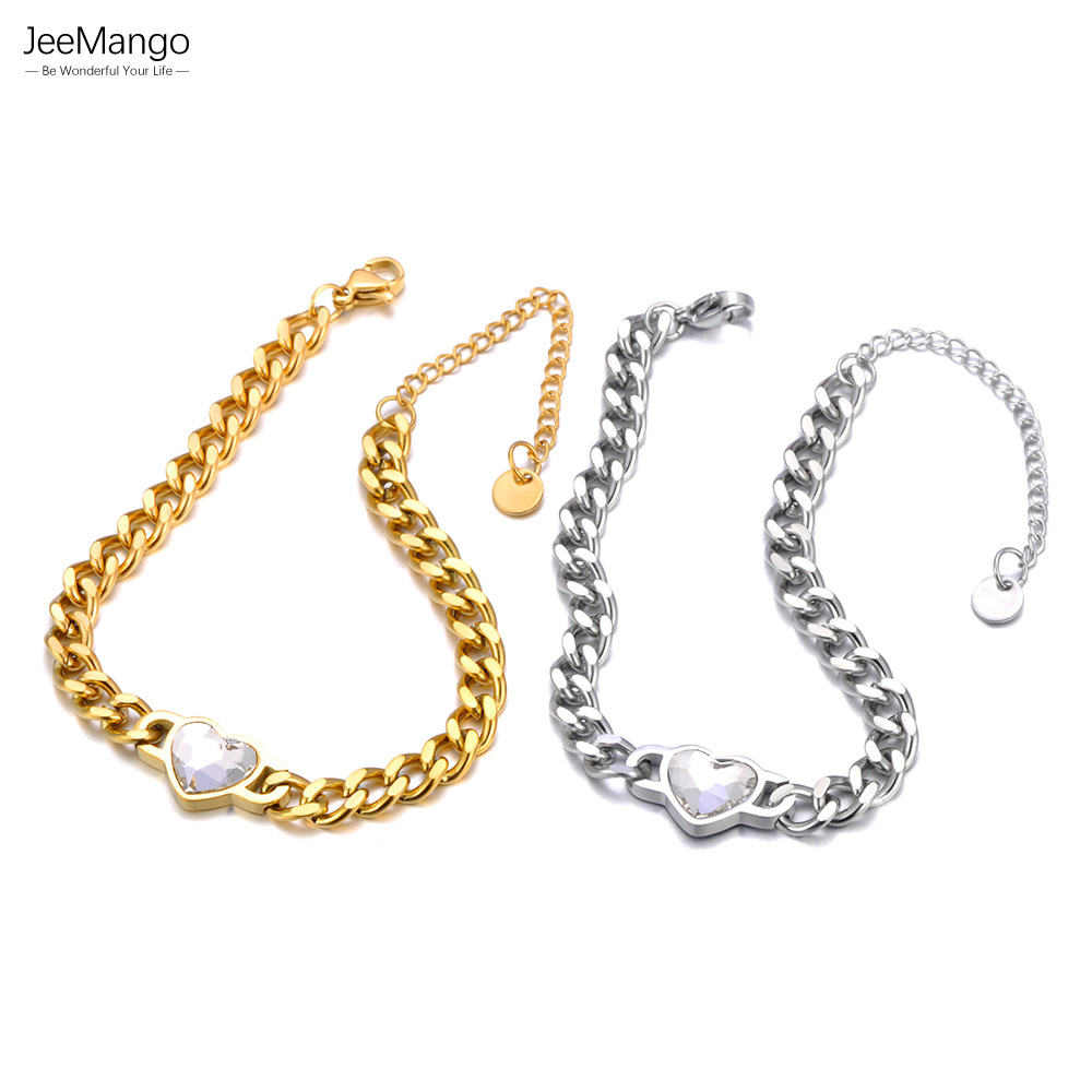 JeeMango Stainless Steel Cubic Zirconia Heart Cuban Chain Bracelets Bangles For Women PVD Gold Plated Waterproof Jewelry JB24052