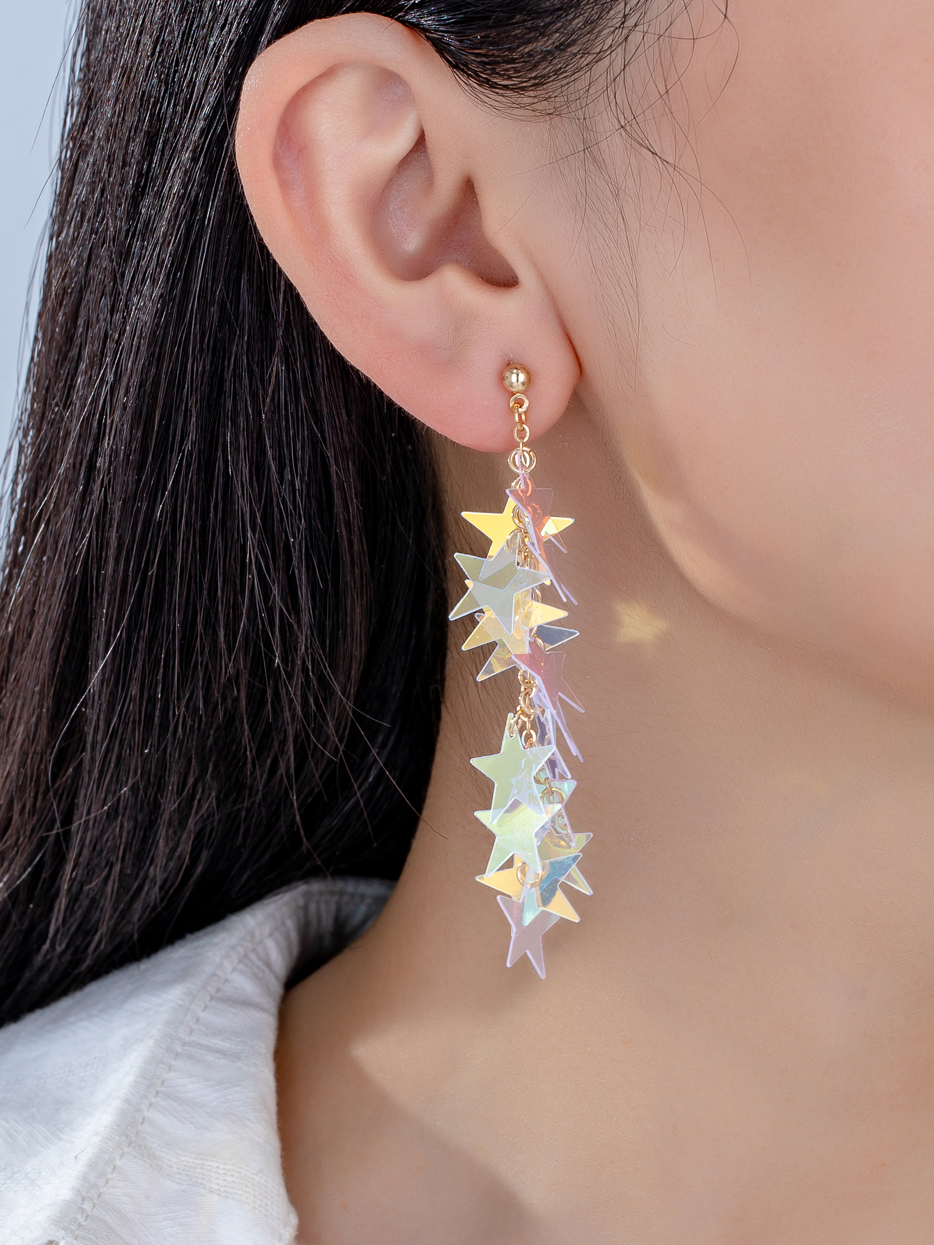 Elegant and Stylish Summer Style Versatile Light Luxury High-End Gradient Color Five-Star Tassel Earrings