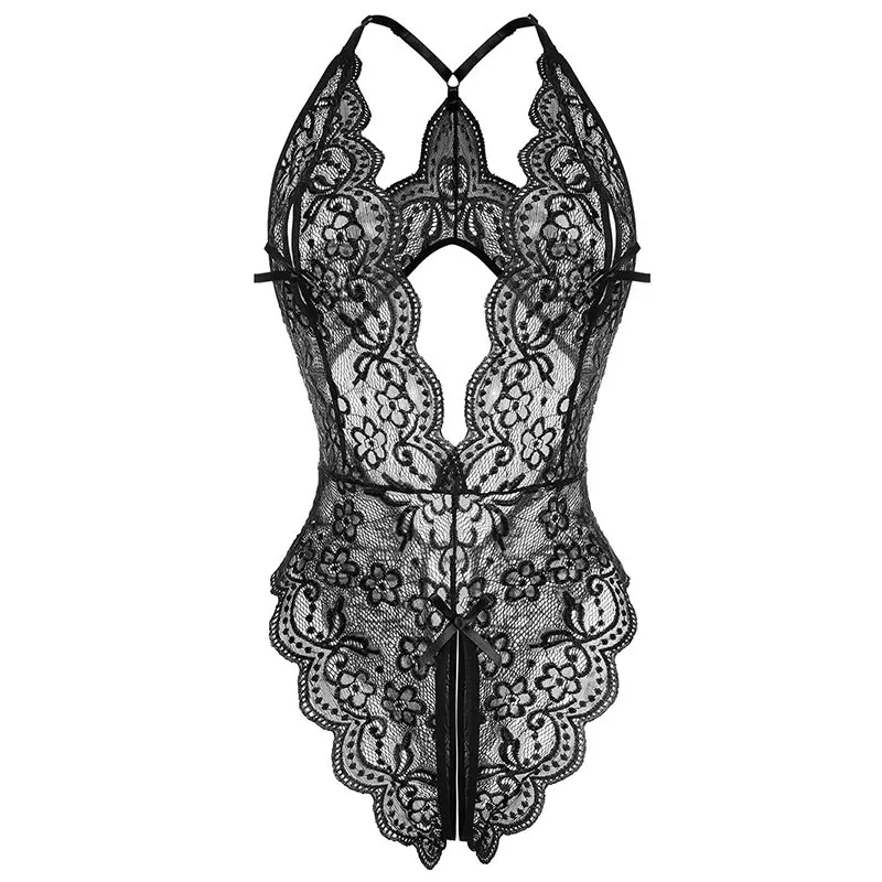 Transparent Womens See Through Bodysuit Lingerie Lace Floral Open Crotch Underwear Set Baby Doll Dress Lingerie Thongs