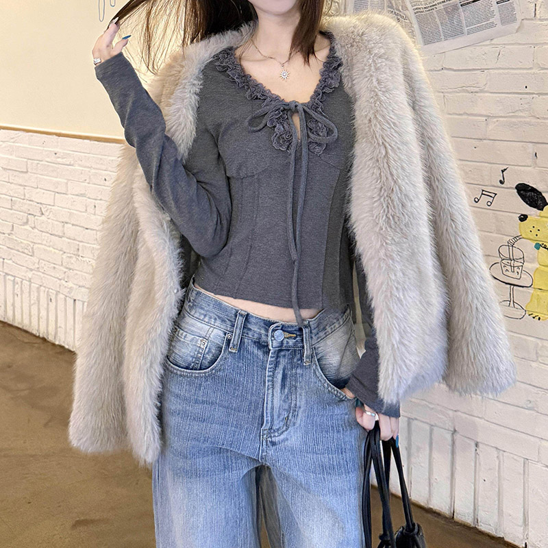 Female T-shirts Lace Patchwork T-shirts Lady Chic Ruched V-neck Tops Women Korean Fashion Solid Thin Clothes
