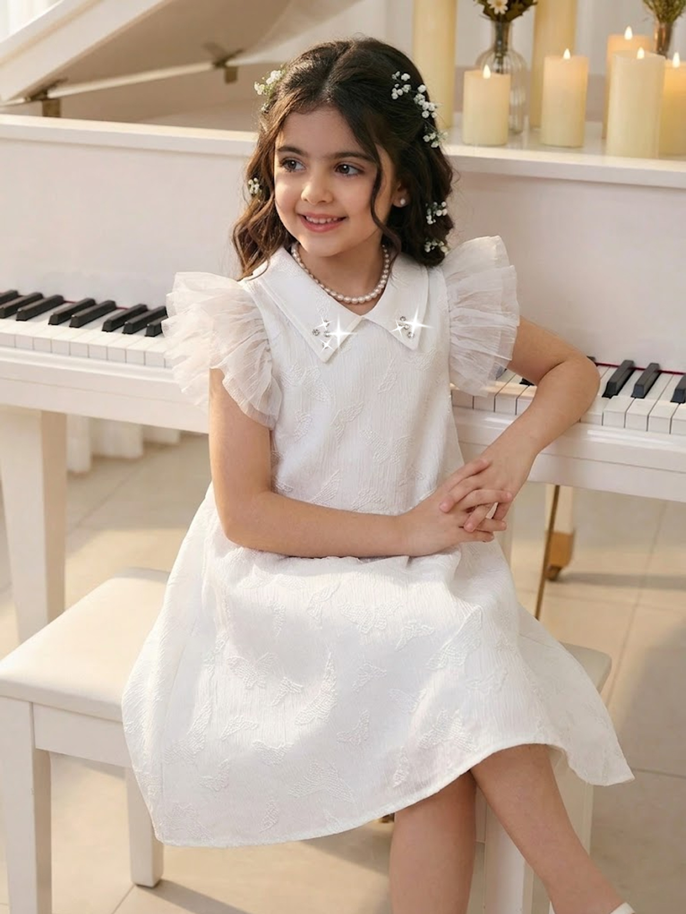 Girls' Summer Dress Gentle Butterfly Jacquard Collar Mesh Small Flying Sleeves A-line Dress Fashionable Sweet Party Outing