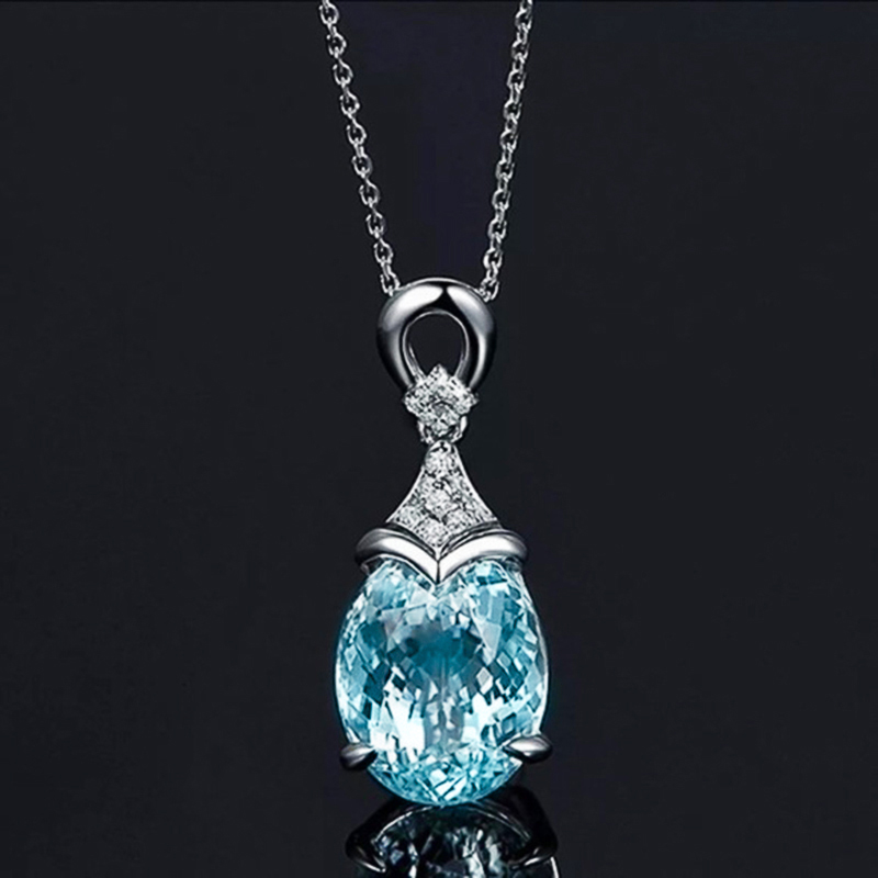 Huitan Delicate Water Drop Shaped Pendant Necklace for Women Fresh Sky Blue Oval Cubic Zirconia Luxury Fashion Wedding Jewelry