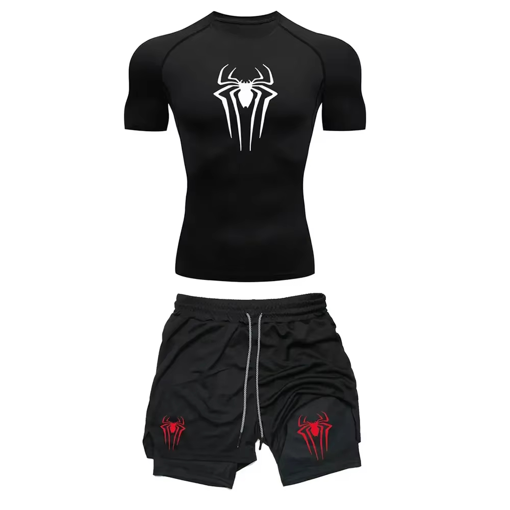 Anime Compression Set Running Sport Fitness Suit for Men Quick Dry Compression Shirt+Gym Shorts 2PCS Workout Summer Sportwear
