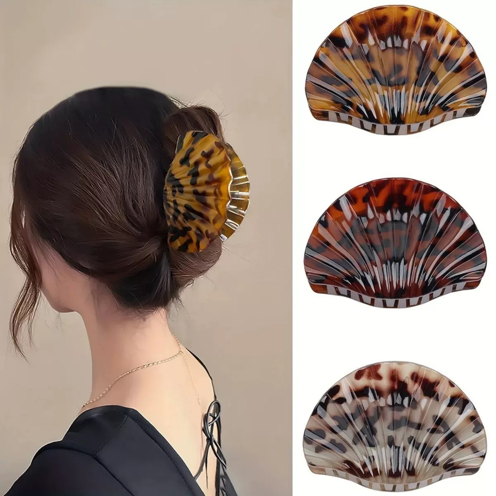 1PC Leopard Print Hair Claw Set, 3 Pcs Acrylic Scallop Hair Clamps,Stylish Daily Hair Accessories,Secure Hold Updo Hair Decor