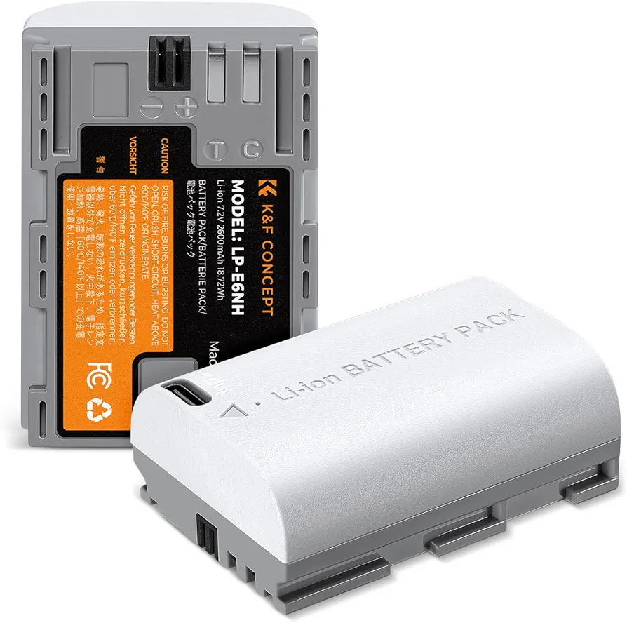 K&F Concept 2600mAh LP-E6NH Battery with Type-C Fast Charging for Canon EOS R R5 R6 R7 5D 6D 7D Mark II III IV, 90D 80D 70D Cameras