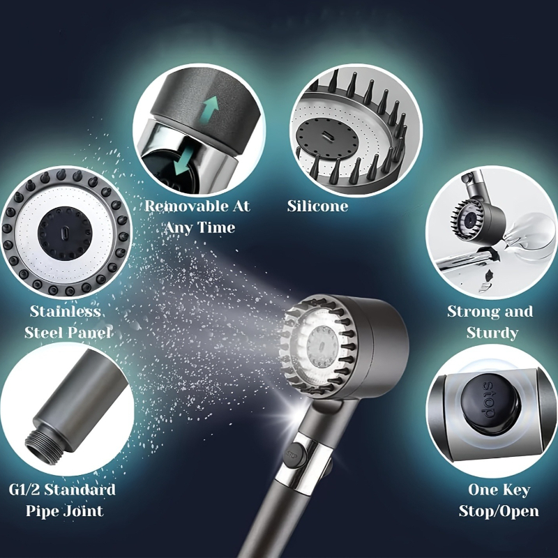 2026 New Turbocharged Filter Shower Head 3 Modes High Pressurized Handheld Shower with Massage Brush One Click On/Off Switch